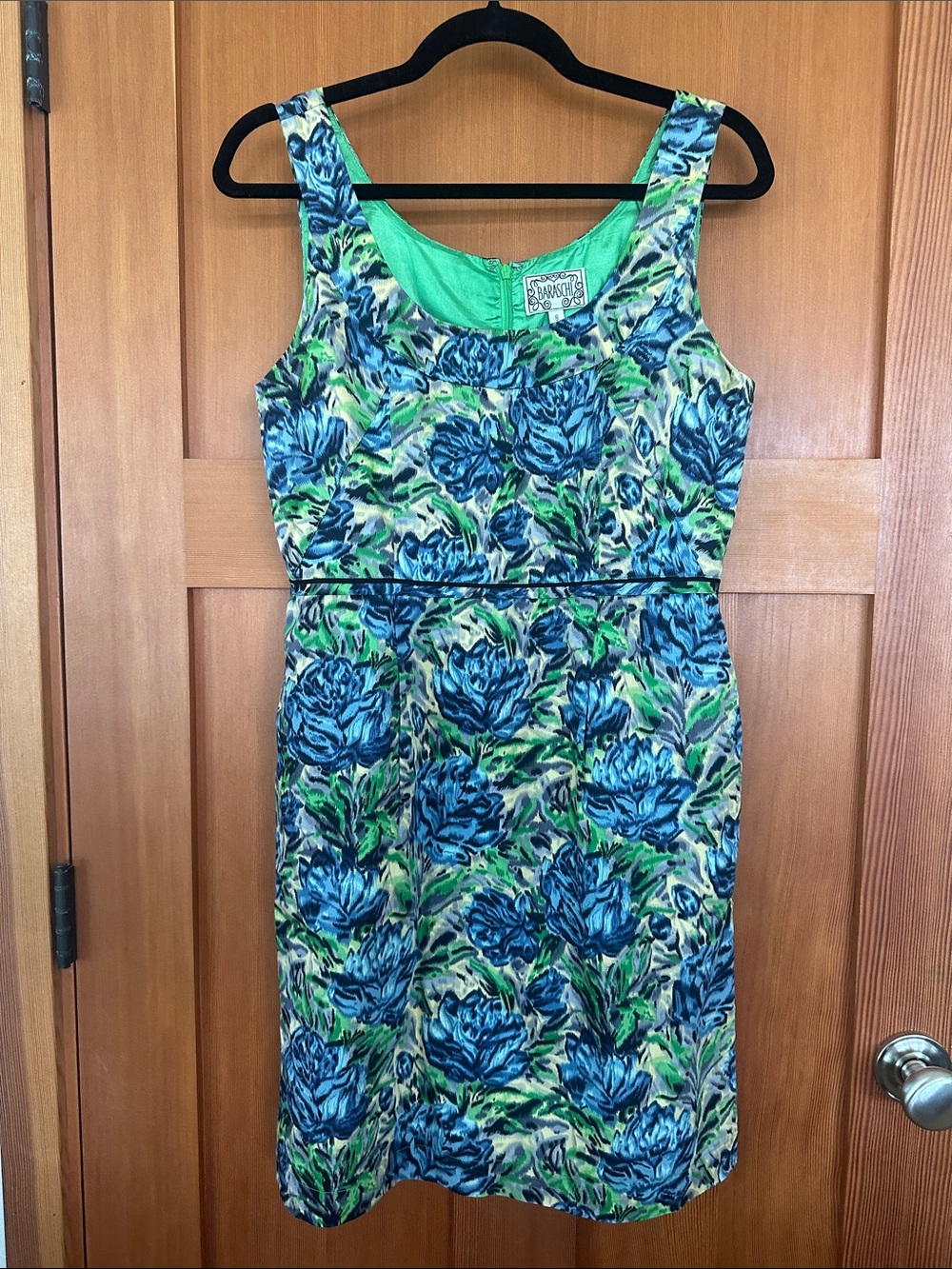 Blue Floral Sleeveless Sheath Dress, Knee Length